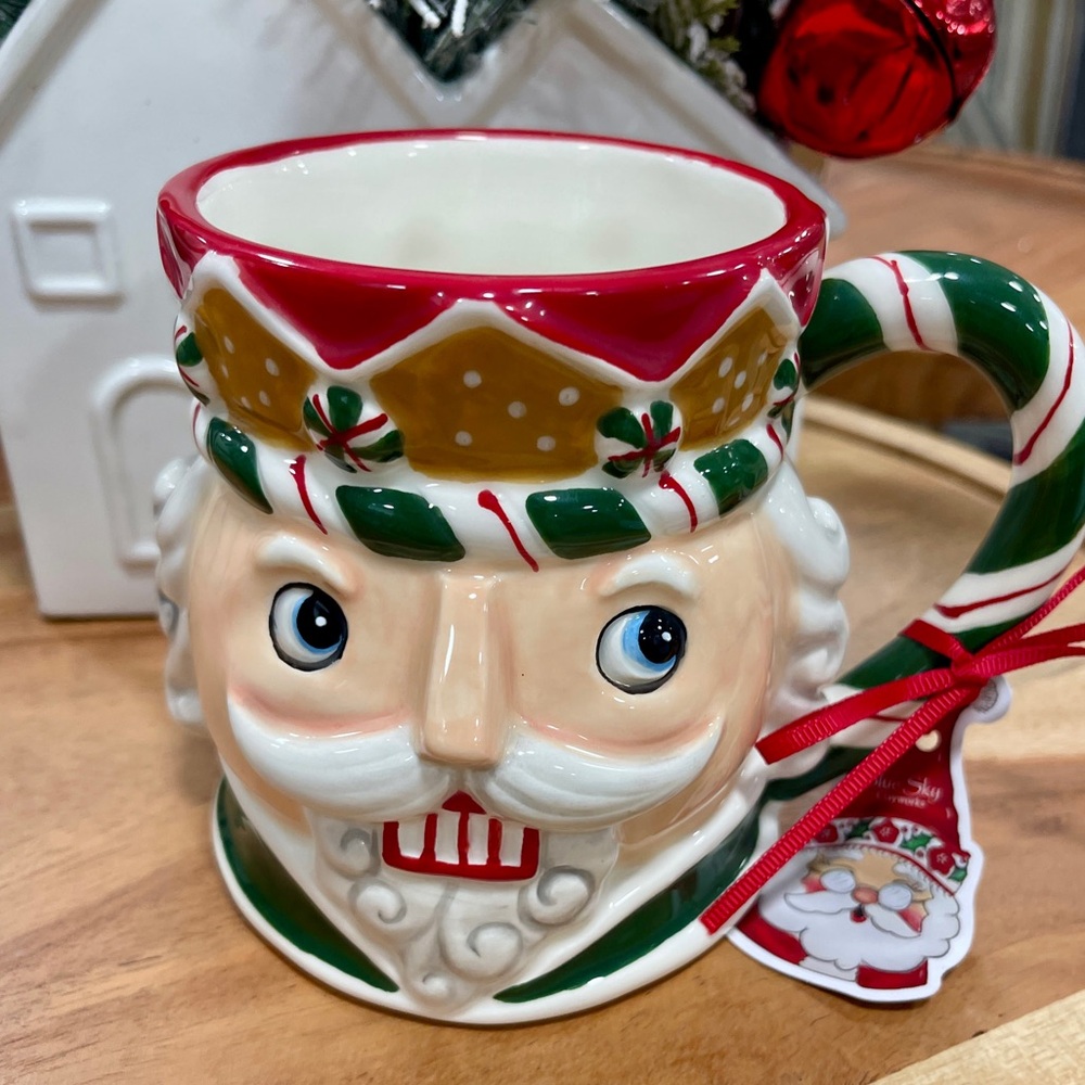 Blue Sky Christmas Nutcracker Head Peppermint Handpainted Ceramic Coffee NWT